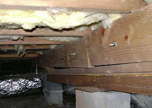 sagging crawl space with wooden shimming a Maryville crawl space